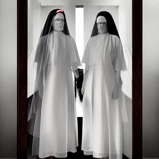 Image similar to award winning photo Hovering twins, buxom nuns, wearing translucent veils, see through dress, Very long arms, bedroom, wood door, eerie, frightening, highly detailed, photorealistic —width 1024 —height 1024