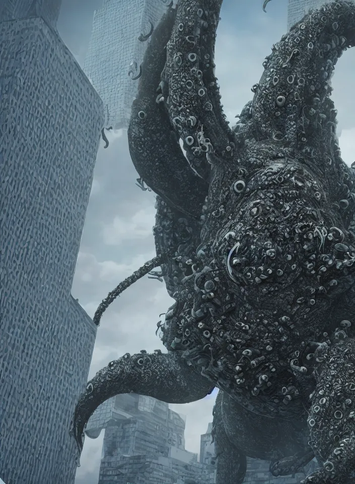 Prompt: A very giant Kraken-like multi-eyed monster jumped up with its jaws on a high-rise office building and wrapped his tentacles all around him. High detail, front view, photorealism, concept art, octane render, zoom, 8k