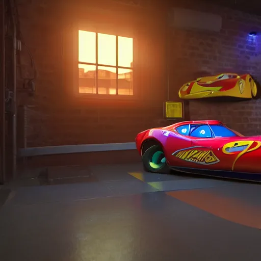 Image similar to lightning mcqueen ray - tracing render, unreal engine, 3 d, atmospheric light, godrays, award - winning, maya, blender