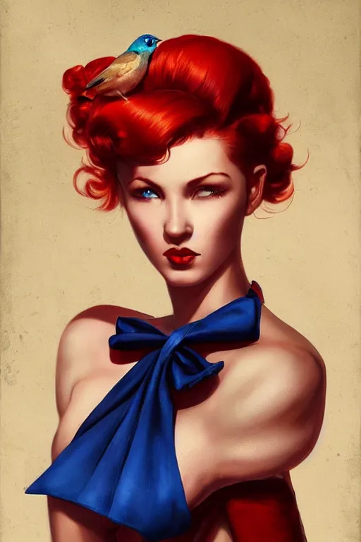 Image similar to hyper realistic painting, tasteful pinup girl, fashionable red hair, holding an indigo bunting, bird, the bird is wearing a bowtie, by greg rutkowski, rossdraws, gil elvgren, enoch bolles, anime, porcelain skin, very coherent