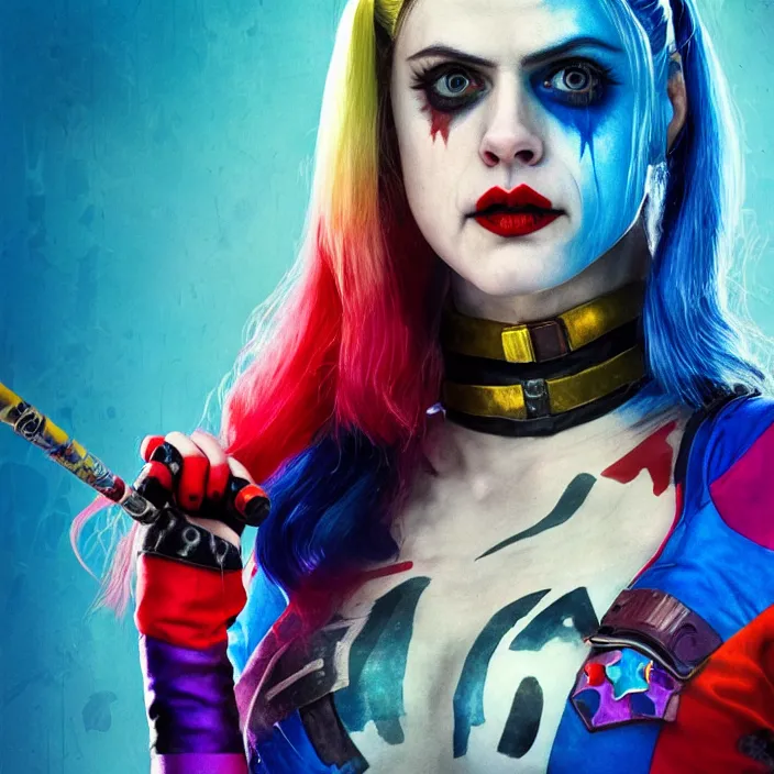 Image similar to portrait of alexandra daddario as a harley quinn in suicide squad. intricate abstract. intricate artwork. by tooth wu, wlop, beeple, dan mumford. octane render, trending on artstation, greg rutkowski very coherent symmetrical artwork. cinematic, hyper realism, high detail, octane render, 8 k, iridescent accents