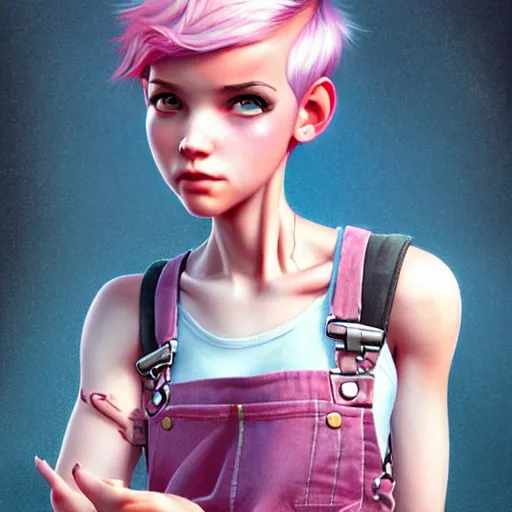 Image similar to full body pose, pixar, beautiful androgynous girl, pink pixie cut hair, torn overalls, short shorts, combat boots, fishnets, beautiful, highly detailed face, true anatomy!, extremely detailed!, digital painting, unreal engine 5, art by tom bagshaw