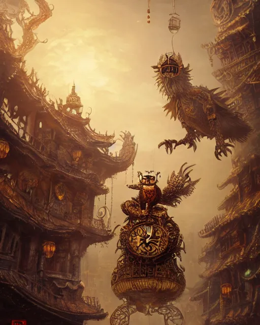 Image similar to oil painting of ornate intricate golden Steampunk owl Golem fighting chinese dragon, sharp focus, fantasy style, steampunk city background, octane render, volumetric lighting, 8k high definition, by greg rutkowski, highly detailed, trending on art Station