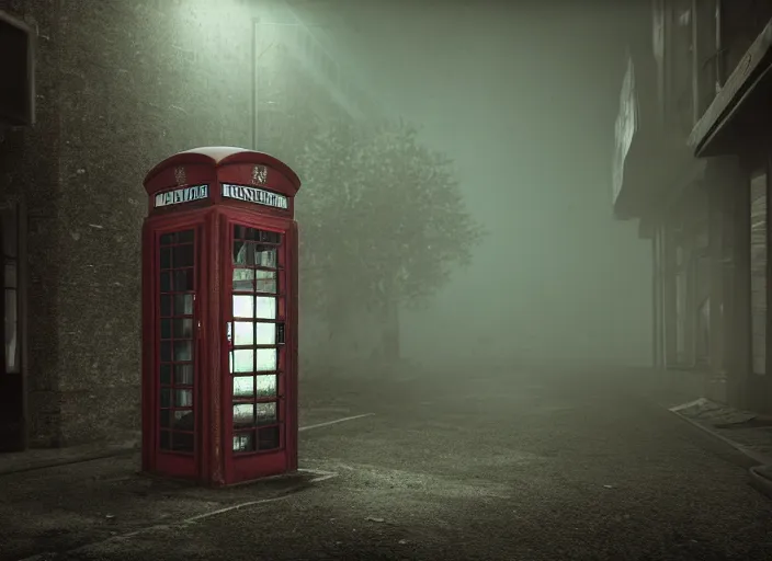 Prompt: an old abandoned ad broken telephone booth at the edge of the universe at night, film grain, misty, moody, sinister, ambient lighting, cinematic color grading, 8 k render, hyper realistic, realistic, unreal engine 5 render