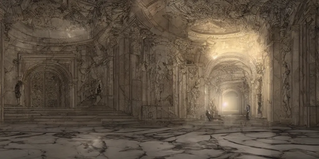 Image similar to the grand magical entrance, marble floors, art by kotaro chiba, volumetric lighting, epic composition