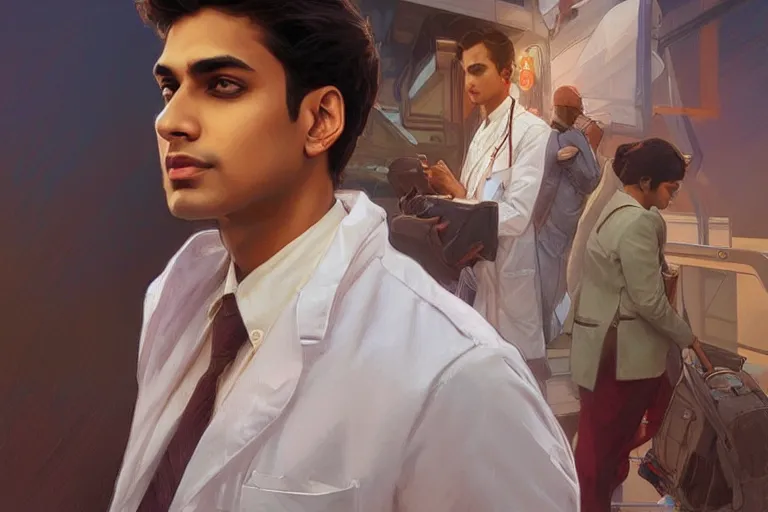 Image similar to Anxious good looking pale young Indian doctors wearing American clothes at the airport, portrait, elegant, intricate, digital painting, artstation, concept art, smooth, sharp focus, illustration, art by artgerm and greg rutkowski and alphonse mucha