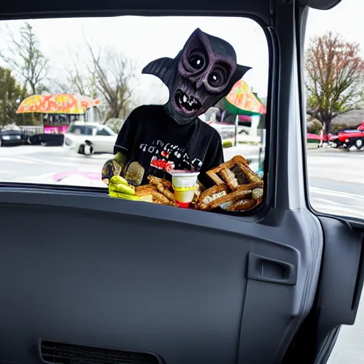 Prompt: creepy goblin handing out food at the mcdonald's drive through, photograph