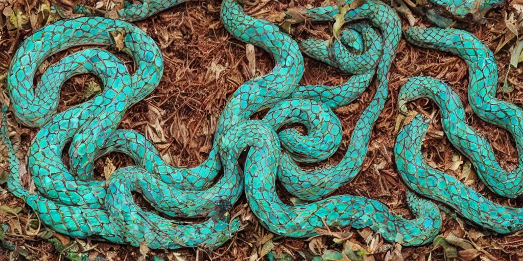 Prompt: queen of snakes, crown of vines, pale blue skin, emerald eyes, sapphire scales