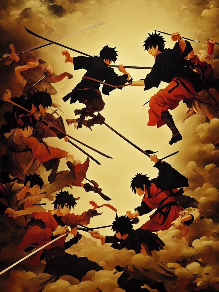 Image similar to baroque oil painting of key visual samurai fight, rule of thirds golden ratio, fake detail, trending pixiv fanbox, acrylic palette knife, style of makoto shinkai ghibli takashi takeuchi yoshiyuki sadamoto jamie wyeth james gilleard greg rutkowski chiho aoshima