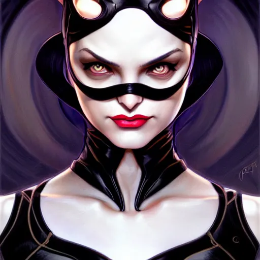 Image similar to symmetry!! intense fanart of catwoman, intricate, elegant, highly detailed, my rendition, digital painting, artstation, concept art, smooth, sharp focus, illustration, art by artgerm and greg rutkowski and alphonse mucha