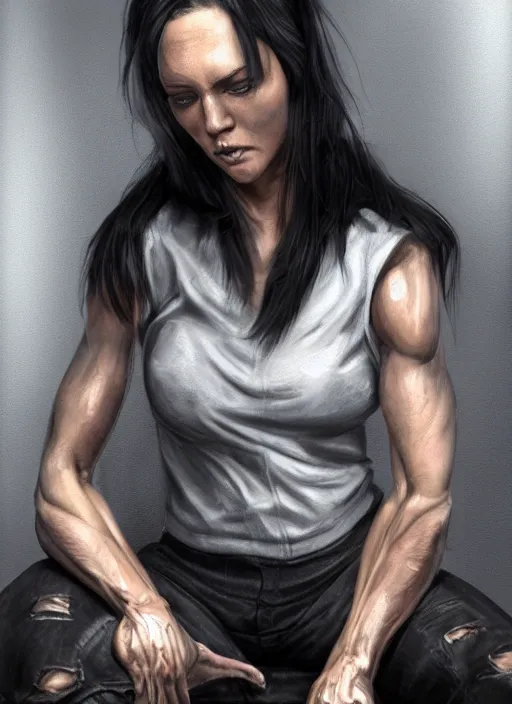 Image similar to an upset woman with black hair and a leather jacket and a grey shirt, sitting on a chair in a run down hotel room, muscular upper body, abs, gritty, intricate, elegant, highly detailed, digital painting, artstation, smooth, sharp focus, illustration, unreal engine 5, face enhance, masterpiece