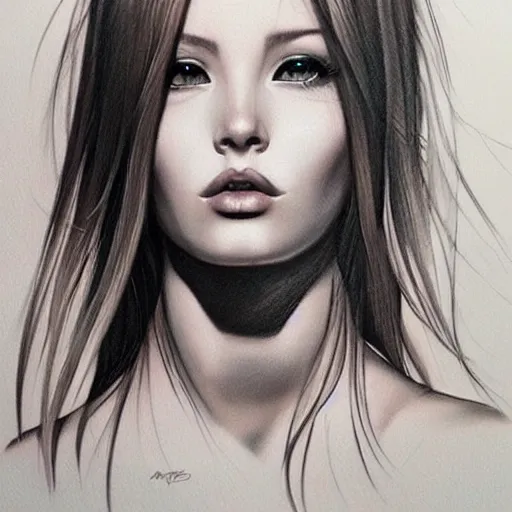 Image similar to tattoo design, beautiful portrait of a girl looking up and to the right by artgerm, artgerm