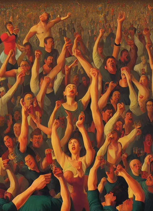 Prompt: image of group of people very drunk dancing chaotic and giant like slowmotion nuclear exploding beer bottle in the middle, beer bottles flying in the air, dark backround, highly detailed, digital illustration, trending in artstation, modern painting, smooth, sharp focus, intricate, einar jonsson and bouguereau