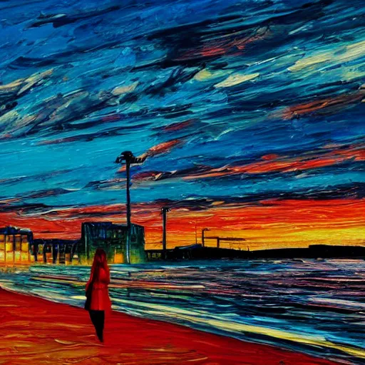 Image similar to lonely young woman with red hair magenta coat and light blue pants wandering a beach at sunset, stylized oil painting, warm lighting, city skyline in background, swimming pool in foreground