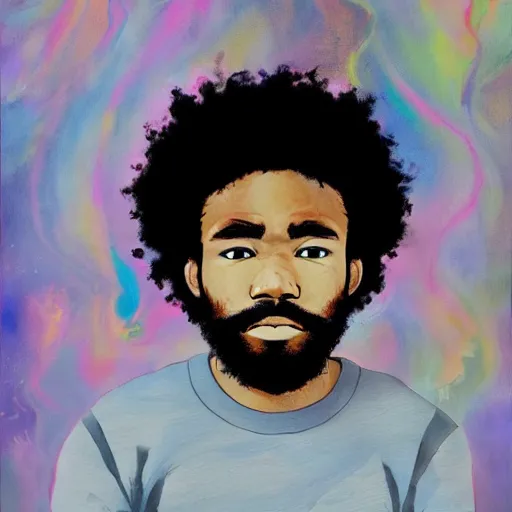 Image similar to donald glover with curly hair, painting on a canvas, anime style, studio ghibli, contemplative, beautiful, surreal, detailed, dreamy