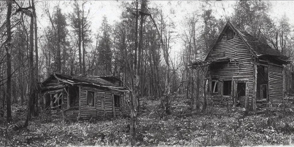 Prompt: abandoned and partially broken down wooden house in an ominous forest, 1 9 0 0 s photography