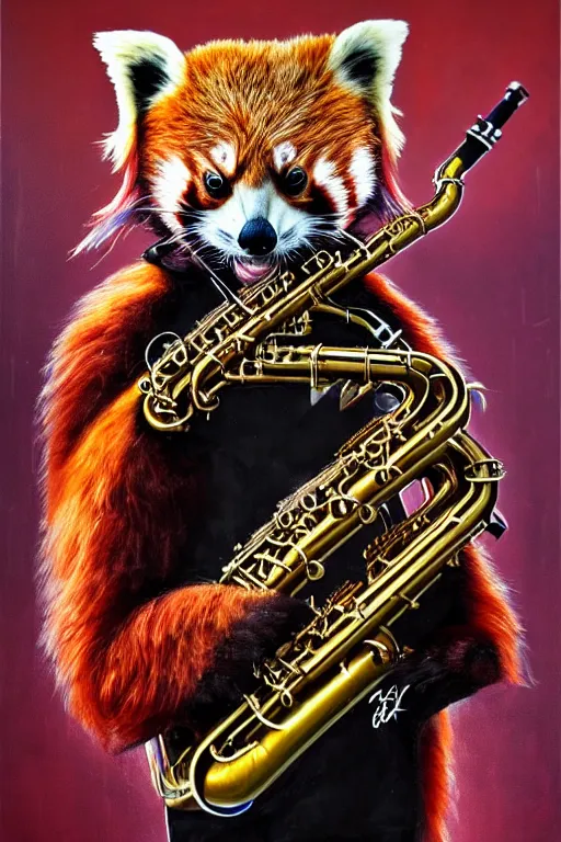 Image similar to a portrait of an anthropomorphic cyberpunk single red panda playing a saxophone by sandra chevrier, by jon foster, detailed render, tape deck, epic composition, cybernetics, 4 k realistic, cryengine, realistic shaded lighting, sharp focus, masterpiece, by enki bilal