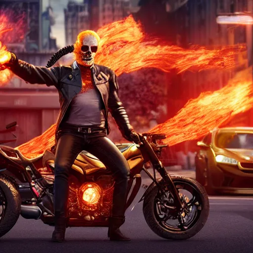 Image similar to ghost rider without bike stands on the street in a crowd of people, nervous face, 4 k, detailed, highly detailed, cinematic, octane render, front light