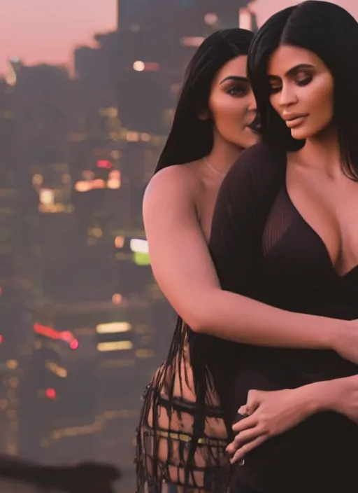 Prompt: film still of kylie Jenner hugging kim kardashian romanticly, scenic cyberpunk city backround, cinematic lighting, cinematic