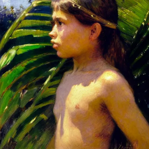 Image similar to a ultradetailed beautiful painting of a girl on amazonas by jules bastien - lepage, hans belmer, frank weston and gustave baumann, trending on artstation, mediterranean, palm trees, light sparkles, sharp focus, soft light