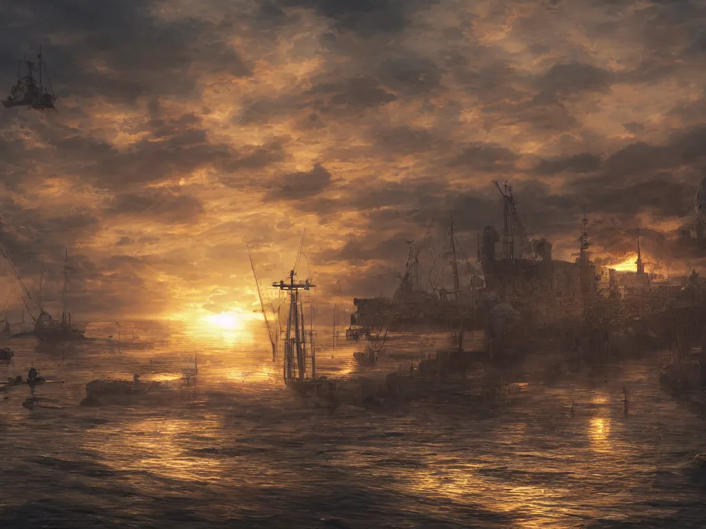 Prompt: a steampunk sea port, calm seas, sunset, airship in the sky, clear skies in the distance, hyperreal, artstation