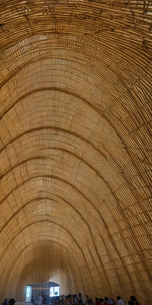 Prompt: inside small pavilion made of bifurcated bamboo. complex woven curved vaulted structure. a large crowd at a party. bundled columns branching recursively into roof, architectural photography., 4 k, 8 k. volumetric lighting.