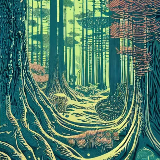 Prompt: linocut print of fantasy forest, amazing art, highly detailed, intricate, color, masterpiece, by victo ngai, craig mullins