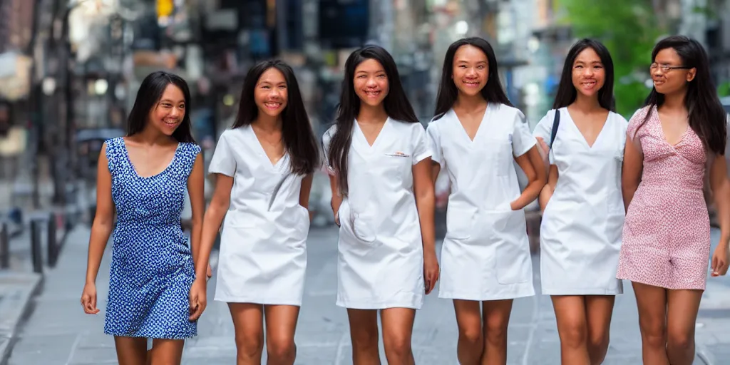 Prompt: 3 beautiful young woman plaque doctors wearing white wet short sun dresses walking toward the camera in the streets of new york, ultra realistic, 8 k, nikon d 3 0 0,