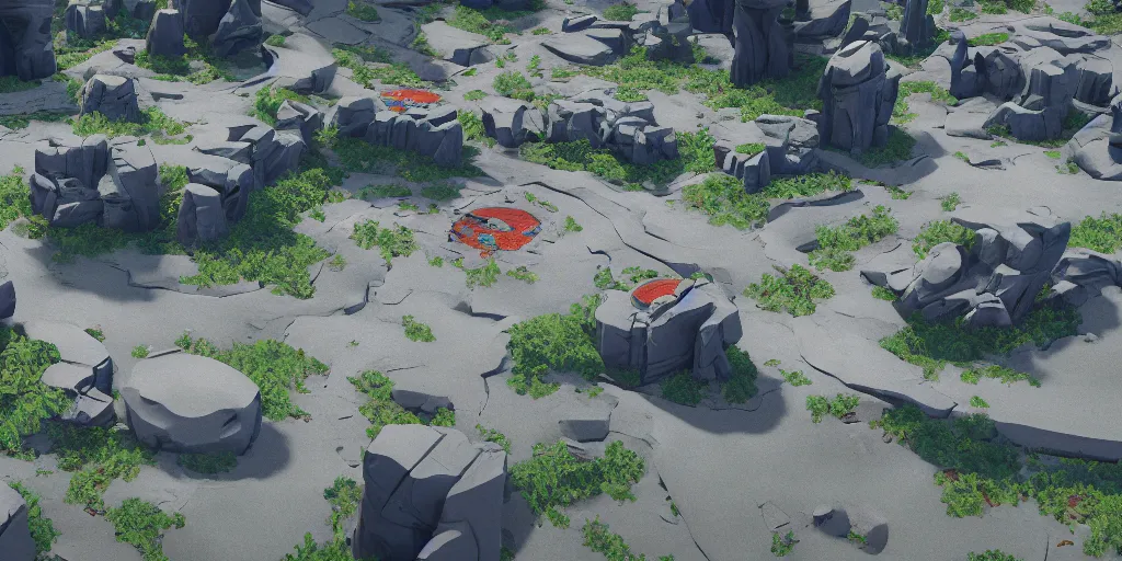 Image similar to 3d painted landscape in the year 2020 with a single small brutalism monument in the center by james jean painted in no mans sky style, redshift, octane