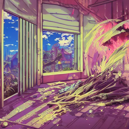 Image similar to painted anime background of the interior of a bedroom in the slums built from various coral seashells and being reclaimed by nature, nostalgia, vaporwave, litter, steampunk, cyberpunk, caustics, anime, vhs distortion, art created by miyazaki