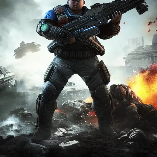 Image similar to kim - jong un in gears of war, splash art, movie still, detailed face, cinematic lighting, dramatic, octane render, long lens, shallow depth of field, bokeh, anamorphic lens flare, 8 k, hyper detailed, 3 5 mm film grain