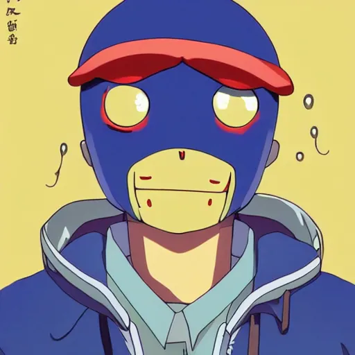 Image similar to the mayo man, angular humanoid blob of mayonnaise, angry eyes, shaded out eyes, 2 0 0 1 anime, flcl, golden hour, japanese town, cel - shaded, strong shadows, vivid hues, y 2 k aesthetic