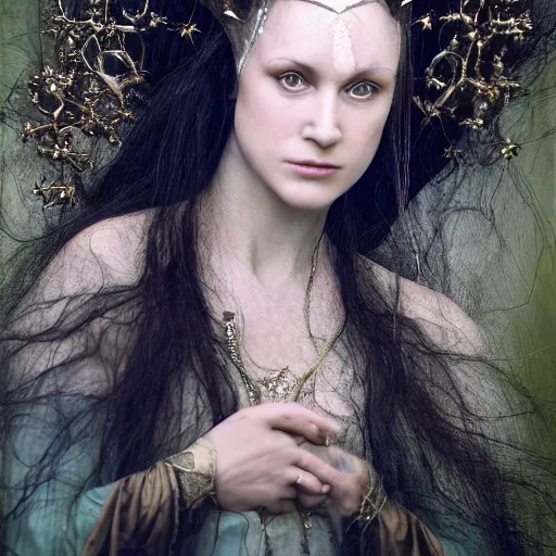 Prompt: a realistic portrait closeup 5 0 mm studio photograph by annie leibowitz of morgan le fay, a beautiful, powerful and ambiguous enchantress of legend.