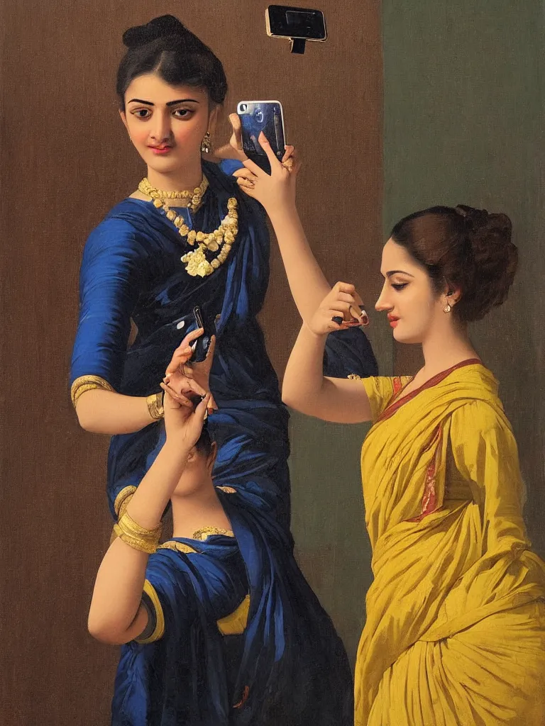 Image similar to a portrait of a lady using iphone and cliking selfie, painting by raja ravi verma