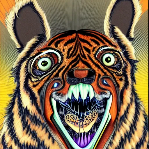 Image similar to monster dog tiger fusion cosmic horror made of angles drooping skin