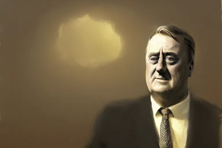 Prompt: franklin delano roosevelt, painted by dan adkins and frank paul, trending on artstation, dark atmospheric lighting first - person view anime, creature concept art, avant - garde, pixar, neoclassicism