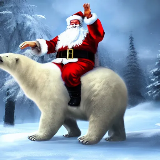 Image similar to santa claus riding a polar bear into battle, epic, cinematic, artstation, concept art, high quality,