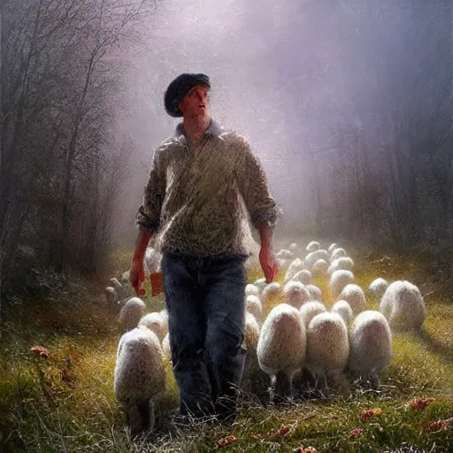 Prompt: Didier Raoult saves the sheep, realistic, detailed, cinematic light, art by catholic saints