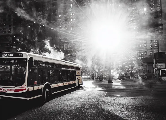 Image similar to a 3 5 mm photo of a city bus with the wheels and engine on fire, splash art, movie still, bokeh, canon 5 0 mm, cinematic lighting, dramatic, film, photography, golden hour, depth of field, award - winning, anamorphic lens flare, 8 k, hyper detailed, 3 5 mm film grain
