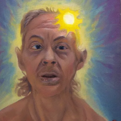 Image similar to a restrained person being forced to stare at the sun oil painting