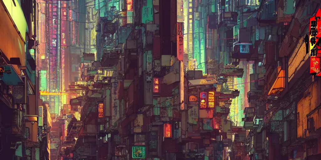 Prompt: a cyberpunk hong kong alley with robots and humans walking around by moebius, pixar color palette, clear details, street level, 8k