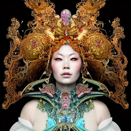 Image similar to a beautiful empress portrait, with a brilliant, impossible striking big cosmic galaxy headpiece, clothes entirely made out of cosmos chaos energy, symmetrical, dramatic studio lighting, rococo, baroque, jewels, asian, hyperrealism, closeup, D&D, fantasy, intricate, elegant, highly detailed, digital painting, artstation, octane render, 8k, concept art, matte, sharp focus, illustration, art by Artgerm and Greg Rutkowski and Alphonse Mucha