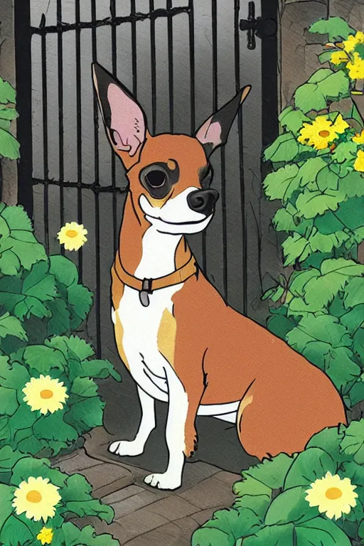 Image similar to A black and tan chihuahua looks through her garden gate, cel shaded cartoon in the style of studio Ghibli, stormy weather, raining, wet, morning, cinematic lighting