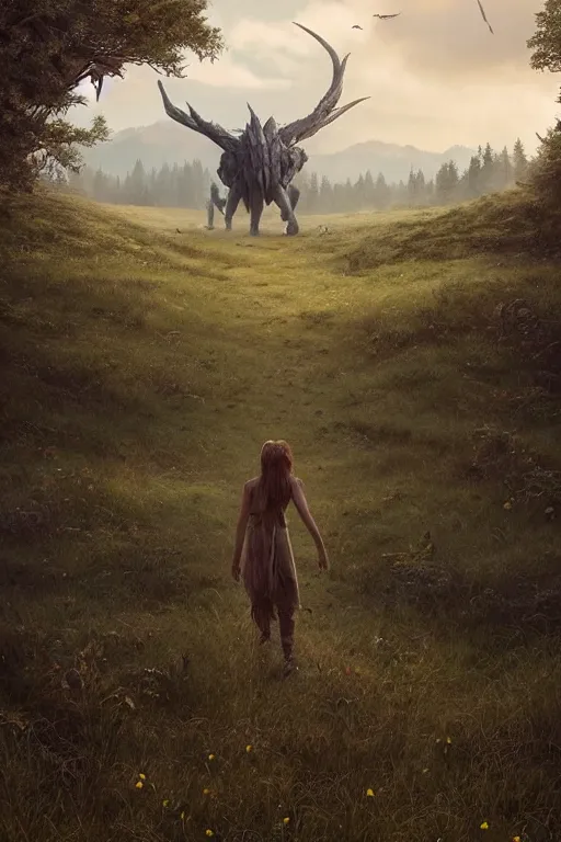 Image similar to A endless beuatiful meadow with I giant nature creature walking in the distance by Greg Rutkowski, Sung Choi, Mitchell Mohrhauser, Maciej Kuciara, Johnson Ting, Maxim Verehin, Peter Konig, final fantasy , 8k photorealistic, cinematic lighting, HD, high details, atmospheric,