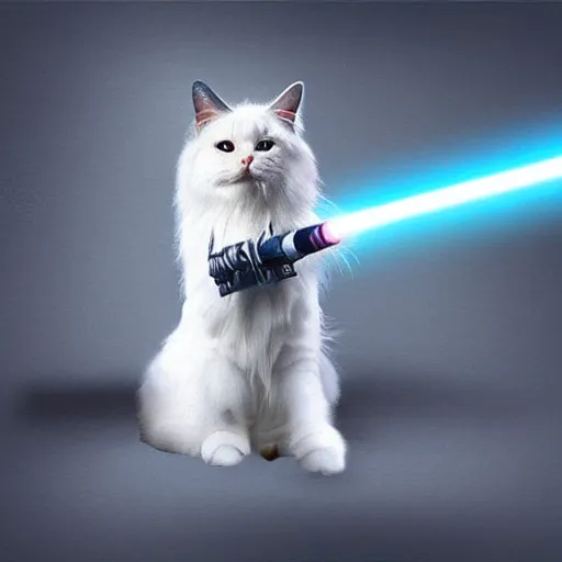 Image similar to long haired white cat in a futurist armor holding a light saber, digital art, fantasy, steampunk