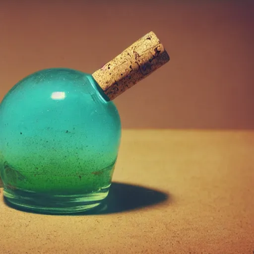 Image similar to small potion with a cork top filled with a green and turquoise gradient liquid, on a desk, old film photo