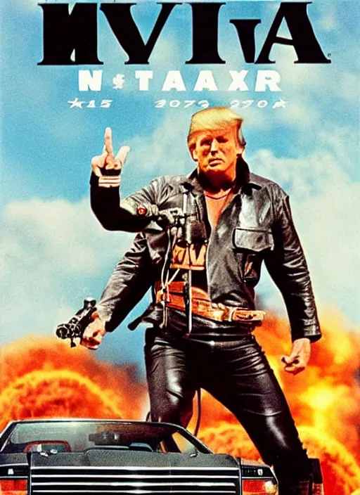 Image similar to an 8 0's john alvin action movie poster starring donald trump mad max. explosions