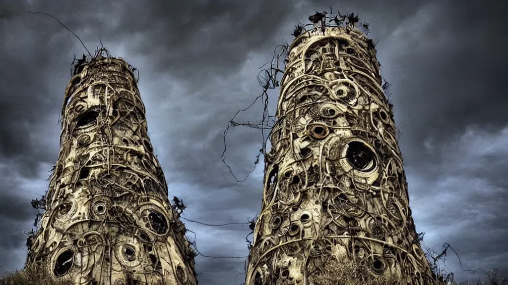 Image similar to bio-organic detailed tower building with tendrils and a giant Eyeball!!! at the top, looking over a stormy post-apocalyptic wasteland, dystopian art, wide lens