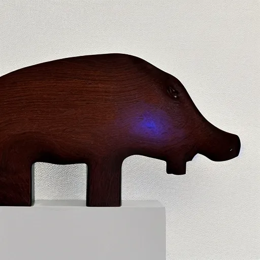 Image similar to a zoomed out studio product shot of a rounded carving of a simplified and smooth hippopotamus made from cherry wood and blue resin, in profile, a catalog photograph