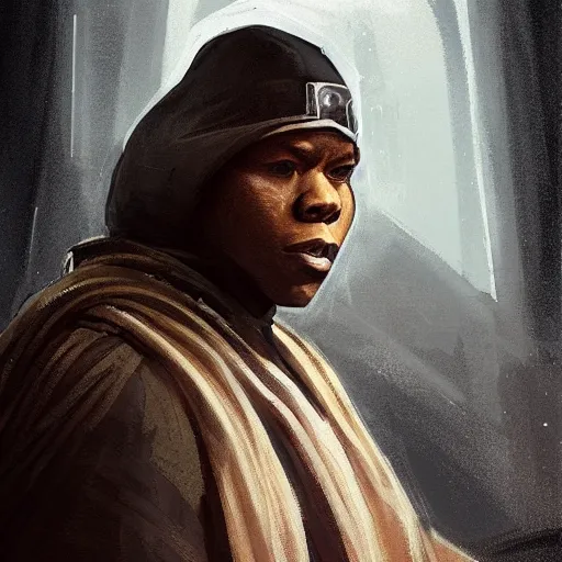 Prompt: portrait of a man by greg rutkowski, old jedi master, black, he looks like john boyega, star wars expanded universe, he is about 6 0 years old, wearing jedi robes, highly detailed portrait, digital painting, artstation, concept art, smooth, sharp foccus ilustration, artstation hq